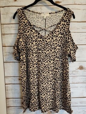 Animal Print Tan Black Cold Shoulder Top XL